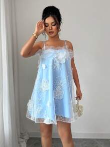 Chiquease Elaborate 3D Floral Spaghetti Strap Backless Dress - Blue - View 6