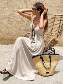 SHEIN Frenchy Women's Backless V-Neck Maxi Beach Dress Party Chic Summer