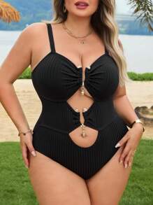 SHEIN CURVE+ Plus Size Women's Gold Accent Detachable Strap One-Piece Swimsuit, Beach Wear For Summer Beach Vacation