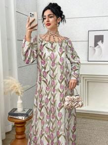Yasmyna 女式花卉印花立领长袖优雅阿拉伯风格连衣裙 - 彩色 - 查看 2