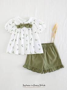 Cozy Pixies Toddler Girl Floral Print Ruffle Collar Puff Sleeve Cardigan Top And Solid Color Elastic Waist Shorts 2Pcs Set