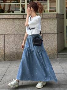 FRIFUL Women's Elastic Waist Embroidered Pleated Skirt, Casual Versatile Airport Travel Holiday Outfit