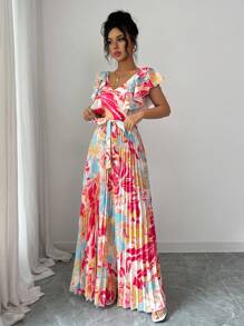 Elenzga 多色荷叶边袖V领度假A字收腰优雅浪漫女式连衣裙 - 彩色 - 查看 1