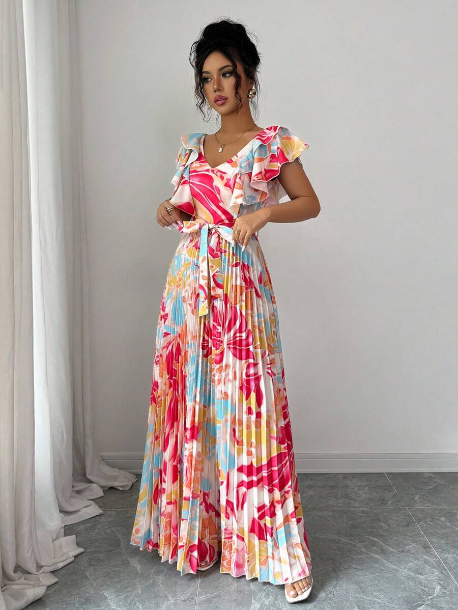 Elenzga 多色荷叶边袖V领度假A字收腰优雅浪漫女式连衣裙 - 彩色 - 查看 1