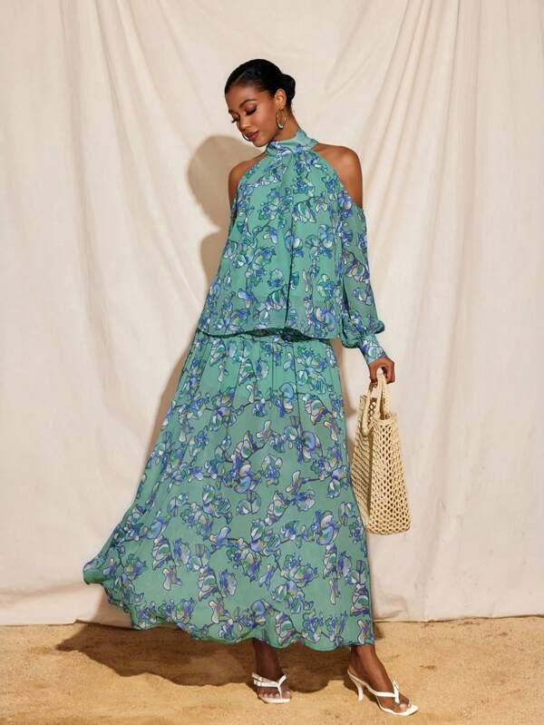 BRDY Floral Printed Chiffon Halter Neck Tie Off-Shoulder Bishop Sleeves A-Line Top Women Vacation