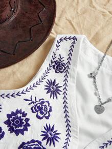 SHEIN PETITE Women's Spring/Summer Casual Open-Front Embroidered Vest Jacket In Fall/Winter - Blue and White - View 3