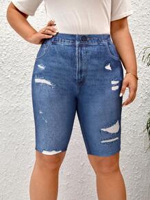 SHEIN LUNE Plus Denim-Effect Print Ripped Cycling Shorts - Blue - View 4