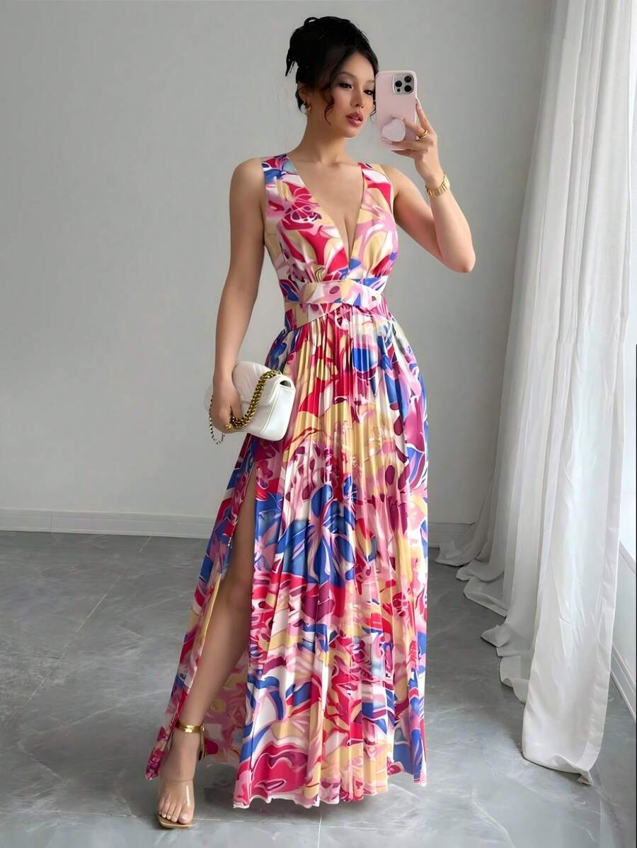 Elenzga Váy đi nghỉ gợi cảm hở vai cổ chữ V họa tiết hoa nhỏ nhắn cho nữ - Nhiều màu - Xem 1