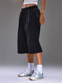 MUSERA Long Line Drawstring Jogger Shorts , Summer, Streetwear, Y2k, Cool Girl,City Fall, Autumn, Winter, Back To School Fall Autumn - Grey - View 3