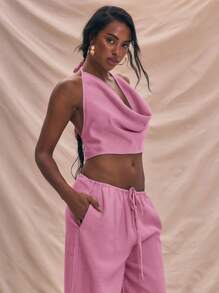MUSERA 极致露背垂褶亚麻吊带上衣，夏季度假可爱性感波西米亚风，适合伊比沙岛秋季节日狂欢节等场合。 - 玫紅色 - 查看 2