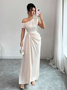 Rafferiza Elegant French Style Oblique Shoulder Ruffle Waist Slim Dress - Apricot - View 3