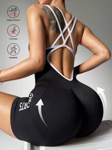 SHEIN Sport Studio Women's Solid Color Seamless Criss-Cross Contrast Color Sports Jumpsuit