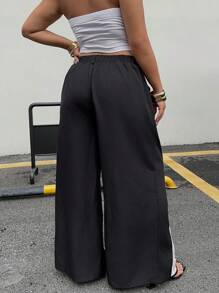 SHEIN MOOSTA Plus Size Women's Black Casual Lace Patchwork Tie-Up Straight Leg Pants Fall Cloth For Women