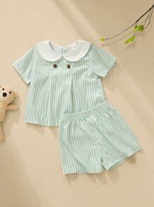 SHEIN 男童休闲条纹套头衫和直筒短裤两件套 - 彩色 - 查看 9