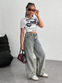 青少年女孩 Y2K 春夏假期复古水洗高腰斜口袋破洞牛仔宽松直筒牛仔裤、女孩夏季海滩波西米亚度假骑行短裤、夏季音乐会节日休闲狂欢装、女孩夏季早午餐教堂毕业装、街头服饰、返校装