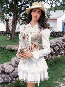 SHEIN Top bustier cu șireturi și imprimeu floral jacquard pentru femei