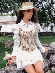 SHEIN Top bustier cu șireturi și imprimeu floral jacquard pentru femei