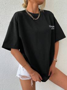 EURMUSE Cotton Picture & Letter Graphic Drop Shoulder Tee - Black - View 3