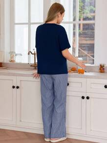 Dream Adore Solid Color Casual Letter Graphic T-Shirt Top And Stripe Jacquard Long Pants Pajama Set