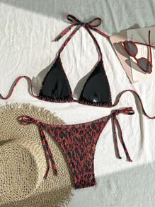 Swim Vcay 女士夏季海滩度假荷叶边豹纹吊带泳衣比基尼套装