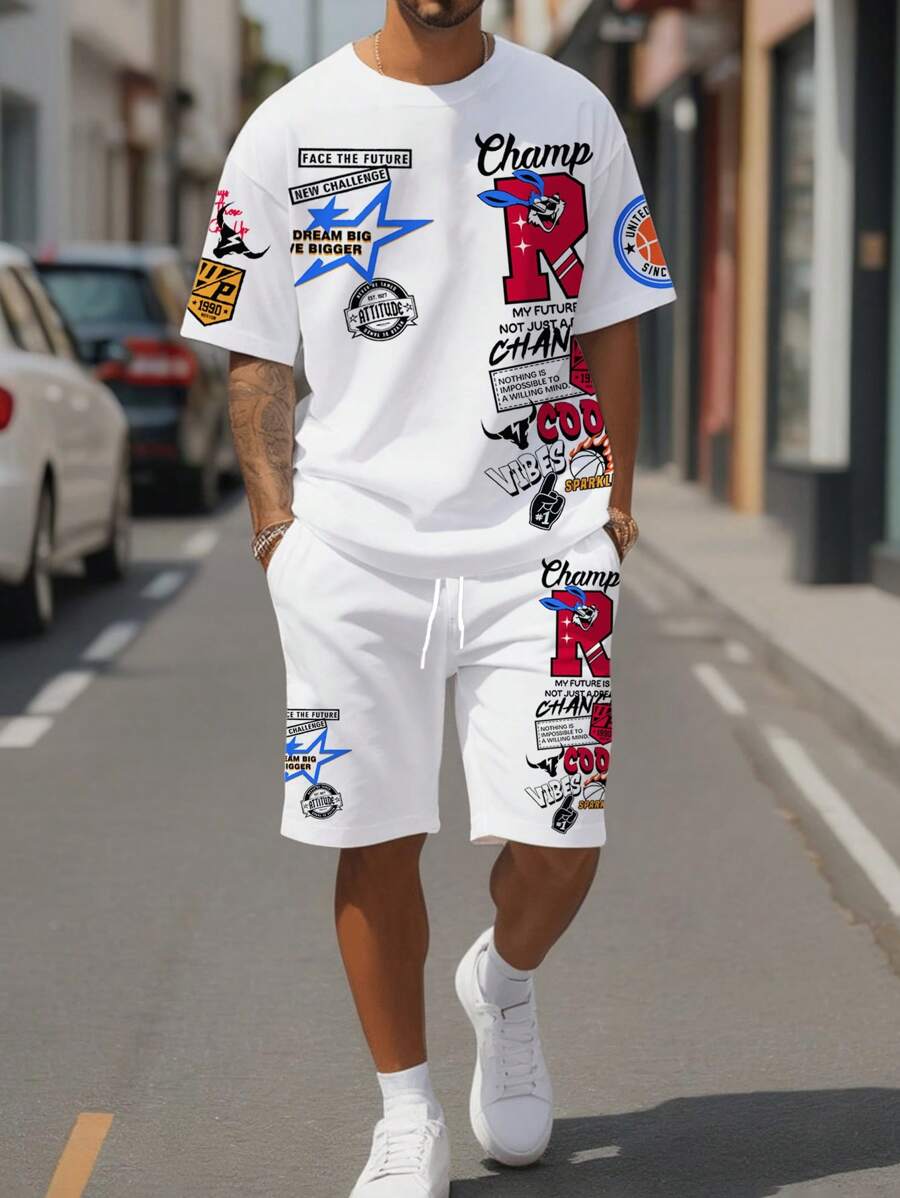 Manfinity Homme Bộ áo thun và quần short họa tiết phù hiệu thường ngày dành cho nam, phù hợp cho mùa hè, bộ 2 món, trang phục ấm áp - trắng - Xem 1