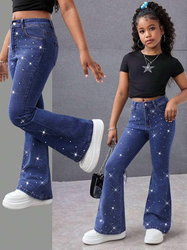 Teenager Mädchen Y2K Frühjahr Sommer Break einfarbige gewaschene elegante Jeans mit hoher Taille, Strass, Stretch und Schlag Beinen mit rohem Saum, Mädchen Sommer Strand Boho Urlaub Schlaghose, Sommer Konzert Festival Casual Rave Outfits, Mädchen Sommer Brunch Kirche Abschluss Outfits, Streetwear, Schulrückkehr Outfits