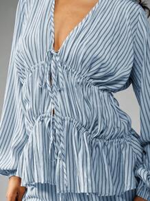 MISSGUIDED Long Sleeve Ruched Corset Style Tie Front Wide Leg Palazzo Lounge Pant Blouse Co Ord Vacation Summer Resort Wear - Blue - View 3