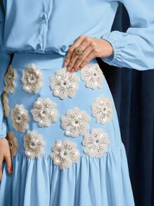 Modelyn Bộ 2 món cho nữ: Áo sơ mi tay loe một hàng khuy trơn màu và chân váy chữ A trang trí miếng vá, thanh lịch - Màu xanh lam - Xem 5