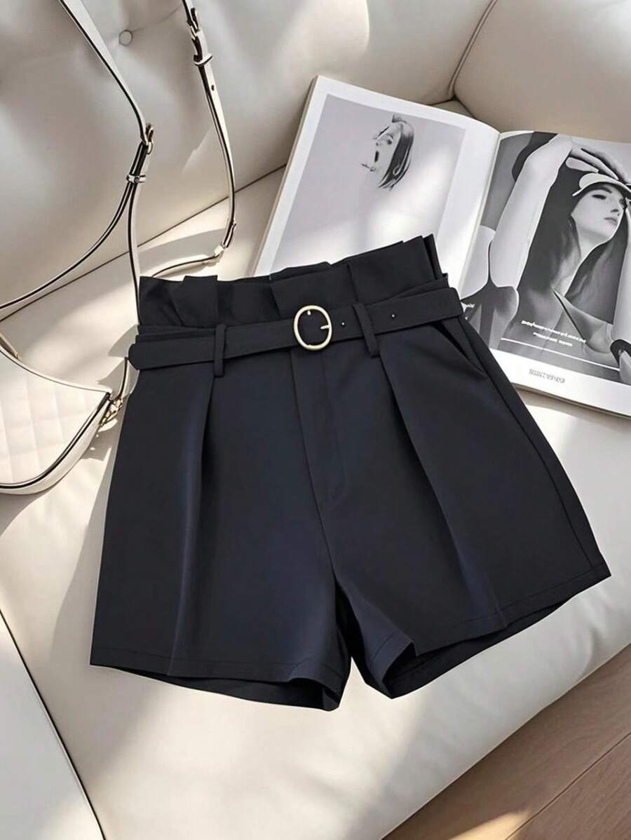 Franclia Women's A-Line Ruched Waist Loose Shorts With Belt - Black - View 1
