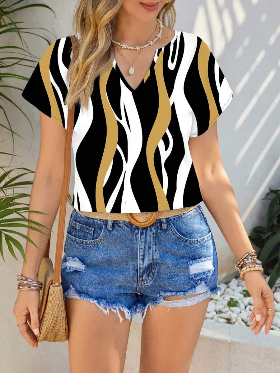 Shutterstock Glamance Elegant Black & Yellow Striped Pattern V-Neck Short Sleeve Women Blouse - Navy Blue - View 1