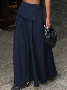 Livesso 女士休闲宽松A字半身裙，纯色，街头风，秋季款 - 藏蓝色 - 查看 5