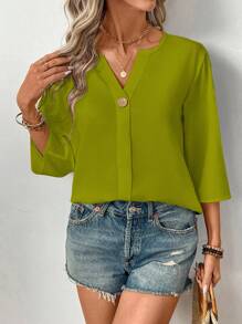 SHEIN LUNE 女士纯色休闲衬衫，适合通勤 - 綠色 - 查看 6