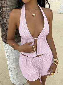 Optris 蓝白条纹亚麻深 V 露背吊带背心，配有抽绳腰带和休闲宽松短裤套装，性感优雅的女士夏季海滩度假装 - 粉色 - 查看 7