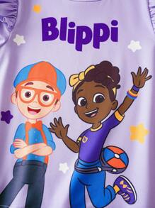 Blippi X SHEIN 2pcs/Set Young Girl Cartoon Star Letter Graphic Loose Raglan Short Sleeve Ruffle Trim T-Shirt - Multicolor - View 5