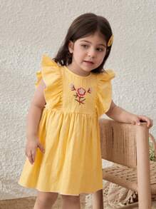 Blossori Cute Yellow Cotton Blend Baby Girl Dress With Floral Embroidery And Ruffle Detail - Yellow - View 6