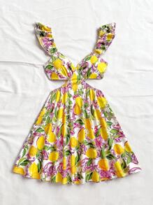 Soleia WYWH 女士度假吊带 V 领后系蝴蝶结热带印花女式连衣裙 - 彩色 - 查看 3