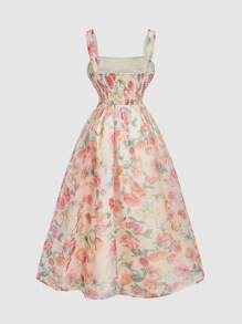 SHEIN MOD 大码女式杏色欧根纱印花蝴蝶结连衣裙、舞会连衣裙、派对女士连衣裙、跨年晚礼服、新年、情人节 - 杏色 - 查看 2