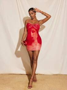 Armand Full Printed Spaghetti Straps Twist Neck Mesh Mini Dress, Sexy Party Vacation - Red - View 6