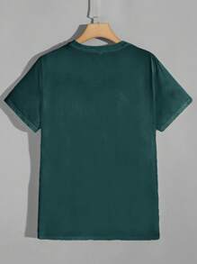 SHEIN Cottnline Men's Solid Color Rose Print Short Sleeve Crew Neck T-Shirt, Minimalist & Fashionable - Dark Green - View 2