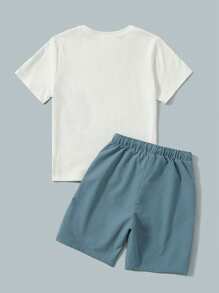 SHEIN Tween Boy Tree & Bird Print Tee & Drawstring Waist Shorts