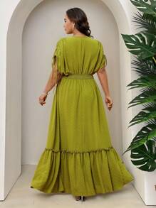 Modelyn 大码女式纯色抽绳蝙蝠袖短袖荷叶边下摆优雅连衣裙 - 綠色 - 查看 3