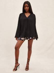 NYA SZN 超大款纹理长袖纽扣休闲日常百搭秋季必备女装节日嘉年华必备单品 - 黑色 - 查看 3