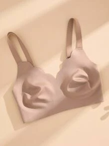 SHEIN 1 件装 无缝简约波浪边纯色无钢圈聚拢全罩杯女士文胸 - 淺粉色 - 查看 5
