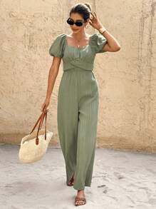 SHEIN Frenchy 女式度假休闲纯色泡泡袖连体裤