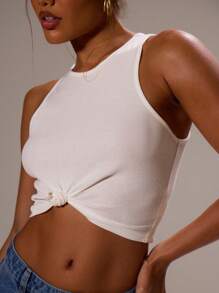 SHEIN Unity Ribbed Jersey Racer Neck Side Tie Fitted Top Airport Outfits Holiday Comfy Cute - White - View 6
