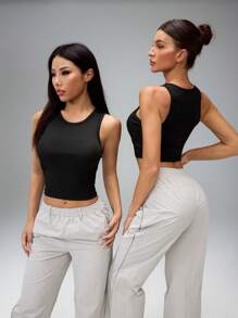 SHEIN Tall 女士休闲纯色圆领无袖背心 - 黑色 - 查看 8