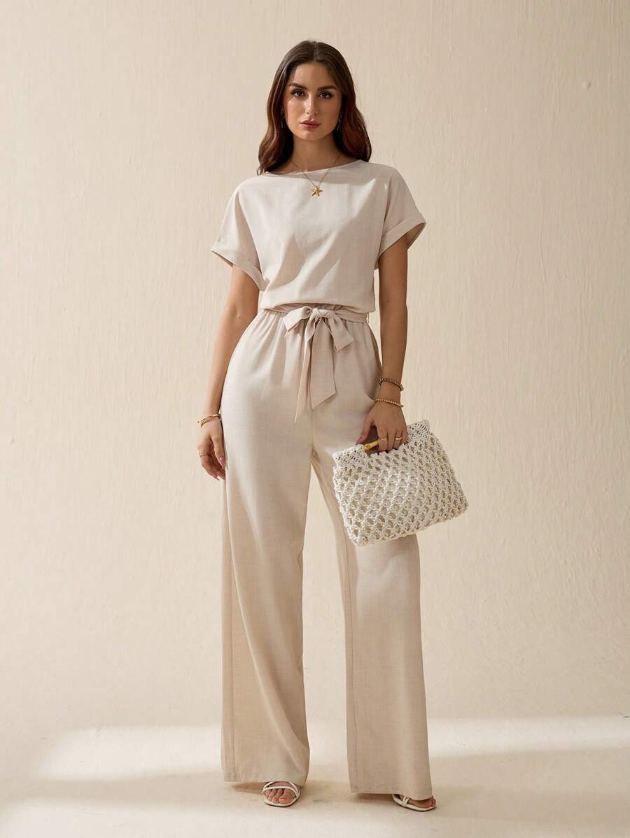 SHEIN Tall Women's Summer Casual Solid Color Short Sleeve Jumpsuit