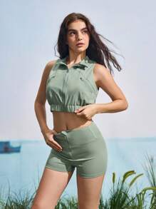 In My Nature 女式纯色简约日常无袖上衣和短裤两件套服装 - 綠色 - 查看 4