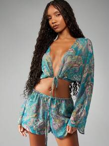 MISSGUIDED Boho Print Summer Festival Beach Two-Piece Set Long Sleeve Crop Top Wide Leg Short Western Cowboy Boot Ensemble