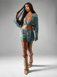 MISSGUIDED Boho Print Summer Festival Beach Two-Piece Set Long Sleeve Crop Top Wide Leg Short Western Cowboy Boot Ensemble